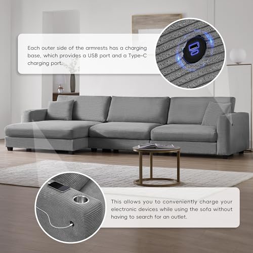 Beige Oversized Corduroy L Shaped Sectional Sofa with Chaise F576761