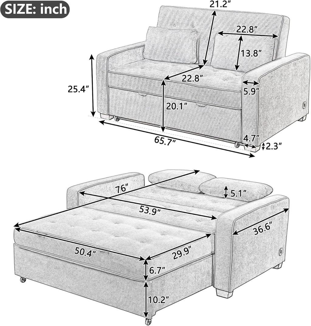 Linen Upholstered Convertible Sofa Bed with USB Charging Port J4263