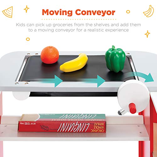 Red Wooden Supermarket Toy Set with Play Food, Cash Register, Conveyor F303776