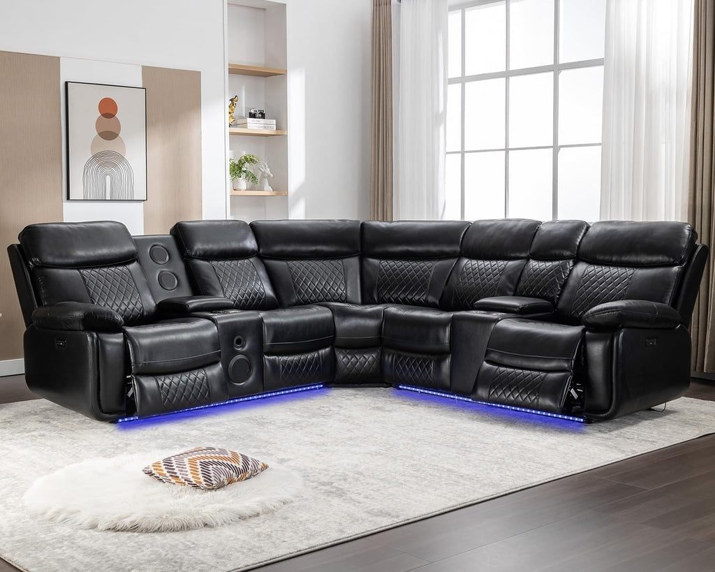 Black Faux Leather Power Reclining L-Shape Sectional Sofa Q599