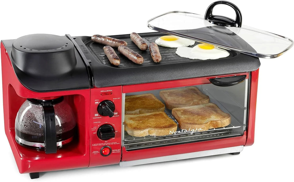 Red 3-in-1 Breakfast Station with Coffee Maker, Non-Stick Griddle, and 4-Slice Toaster Oven W9844