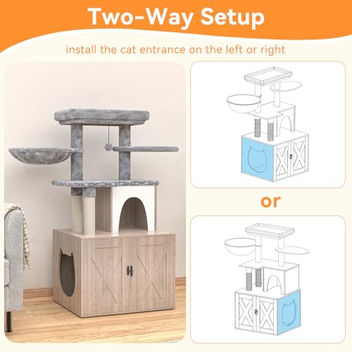 Grey Litter Box Enclosure with Cat Tree and Sisal Scratching Post W588290