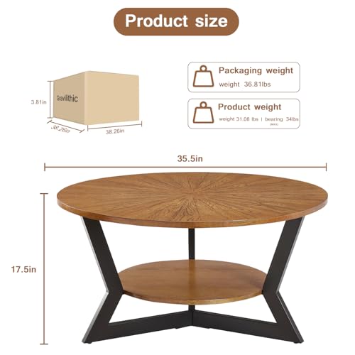 Round Wood Coffee Table with Storage Rack, 35 x 35 x 17 in M3140