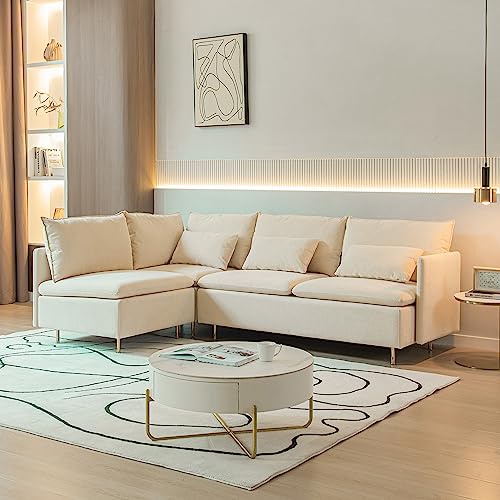 90.9 in L-Shaped Cotton Linen 3-Seater Modular Sofa with 3 Throw Pillows L188