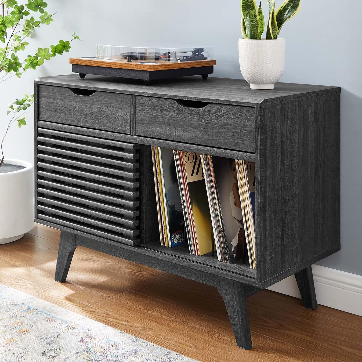 Charcoal Vinyl Record Display Stand with Drawers C876721