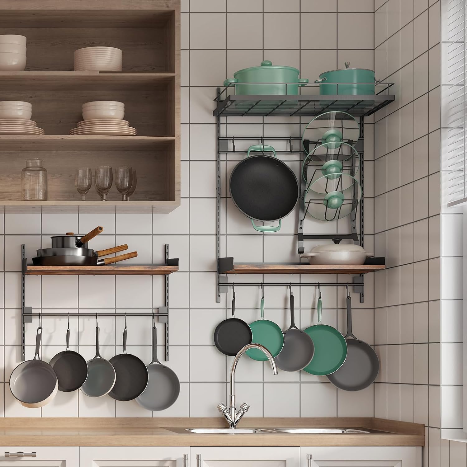 2 Pack Wall Mounted 2 Tier Pot Rack with 8 Hooks N75421