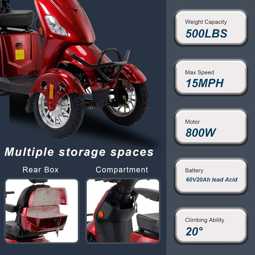 Heavy Duty 4 Wheel Mobility Scooter 500lbs Capacity 800W Red F726645