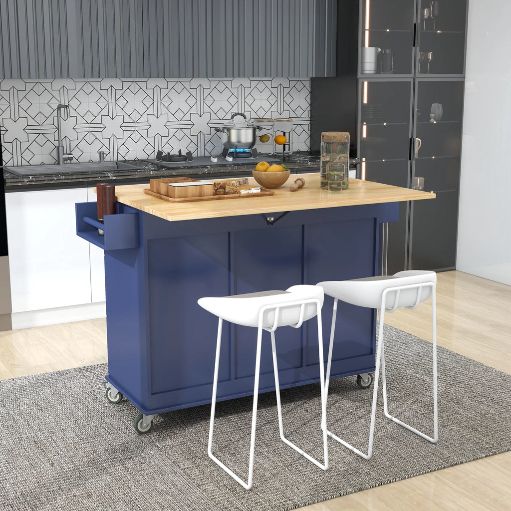 Dark Blue Mobile Kitchen Island Cart with Wood Top and Drop Leaf L542