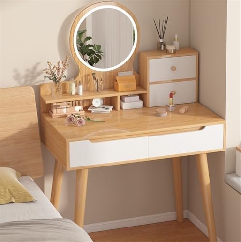 Natural Wood Vanity Desk with Lighted Mirror J344138