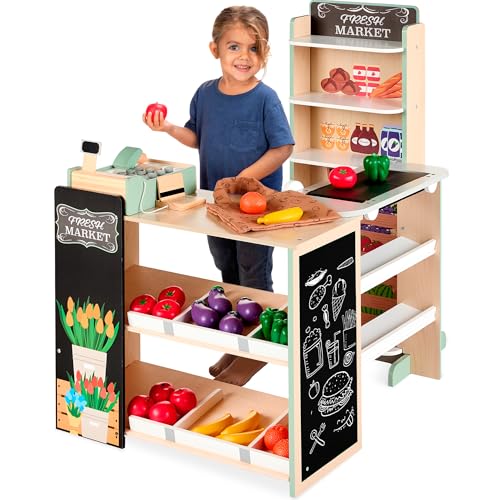 Red Wooden Supermarket Toy Set with Play Food, Cash Register, Conveyor F303776