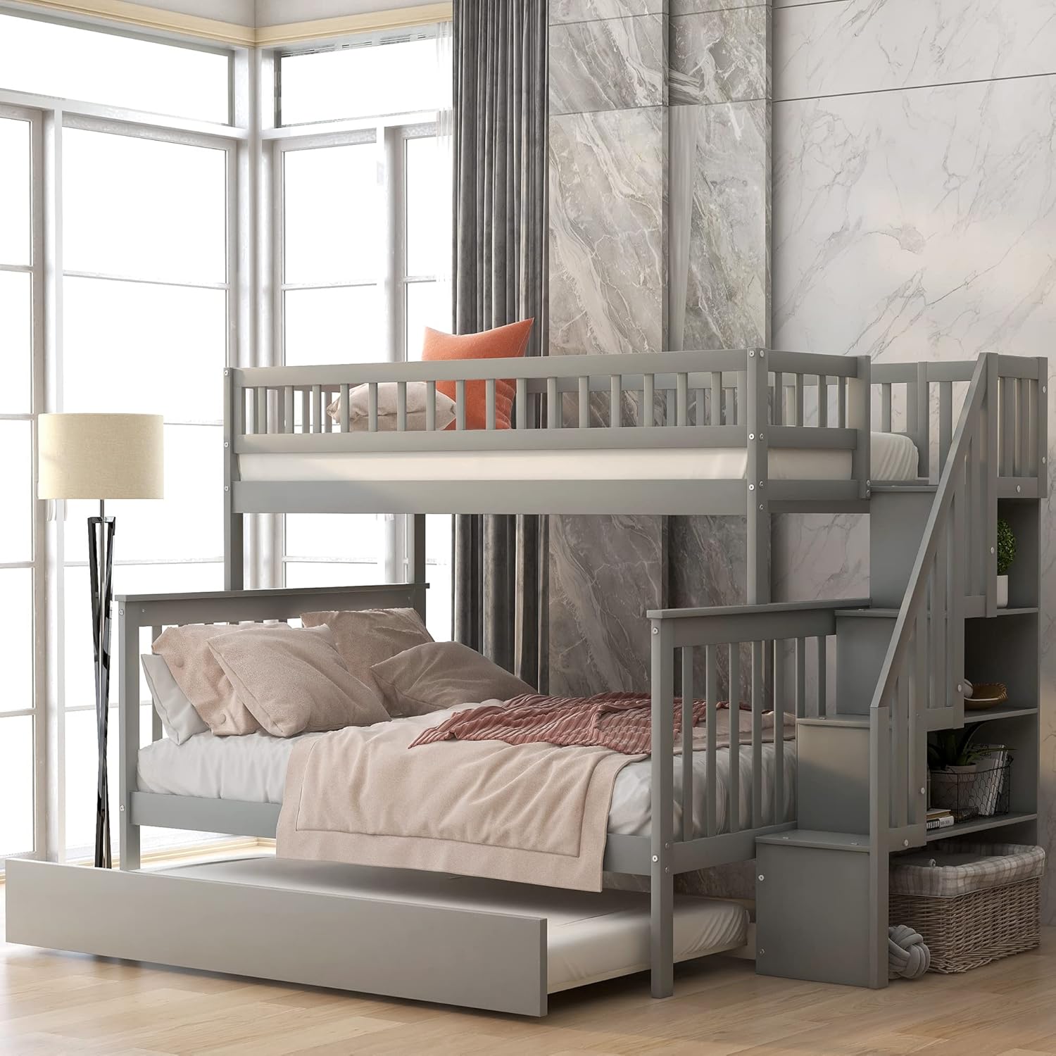 Gray Wood Twin Over Full Bunk Bed Frame with Trundle I225