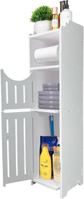 White Narrow Bathroom Storage Cabinet with Toilet Paper Holder I89783