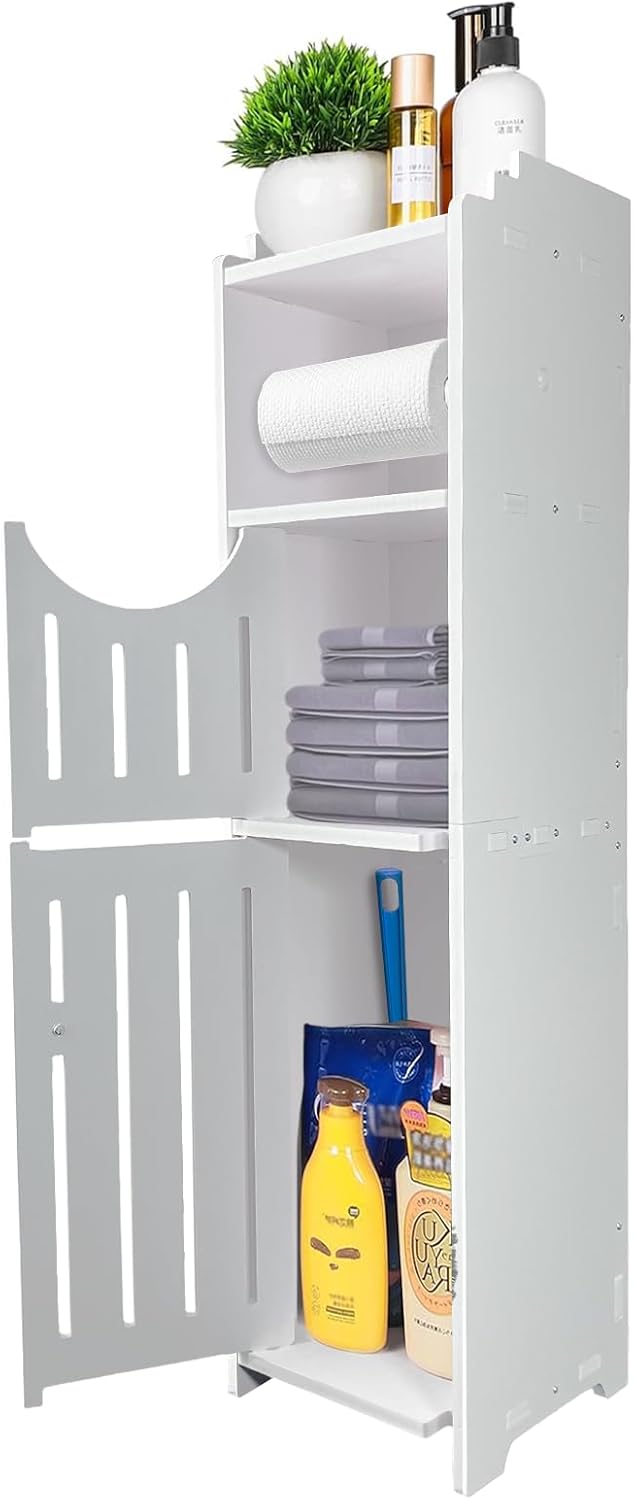 White Narrow Bathroom Storage Cabinet with Toilet Paper Holder I89783