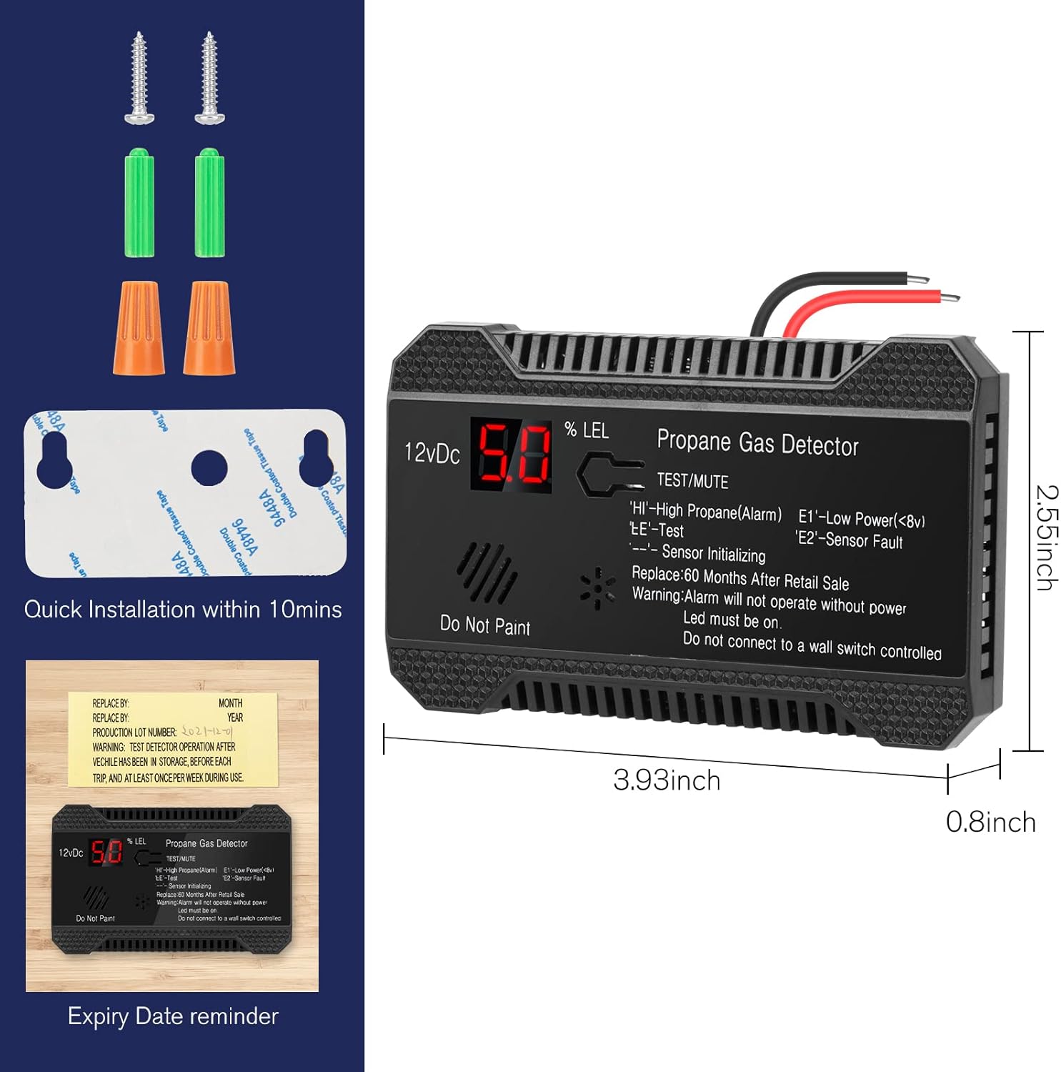 Black 12V Propane Gas Detector with LCD Display and 85dB Alarm L649