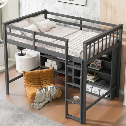 White Full Size Wood Loft Bed with Cabinet and Bookshelf L1251