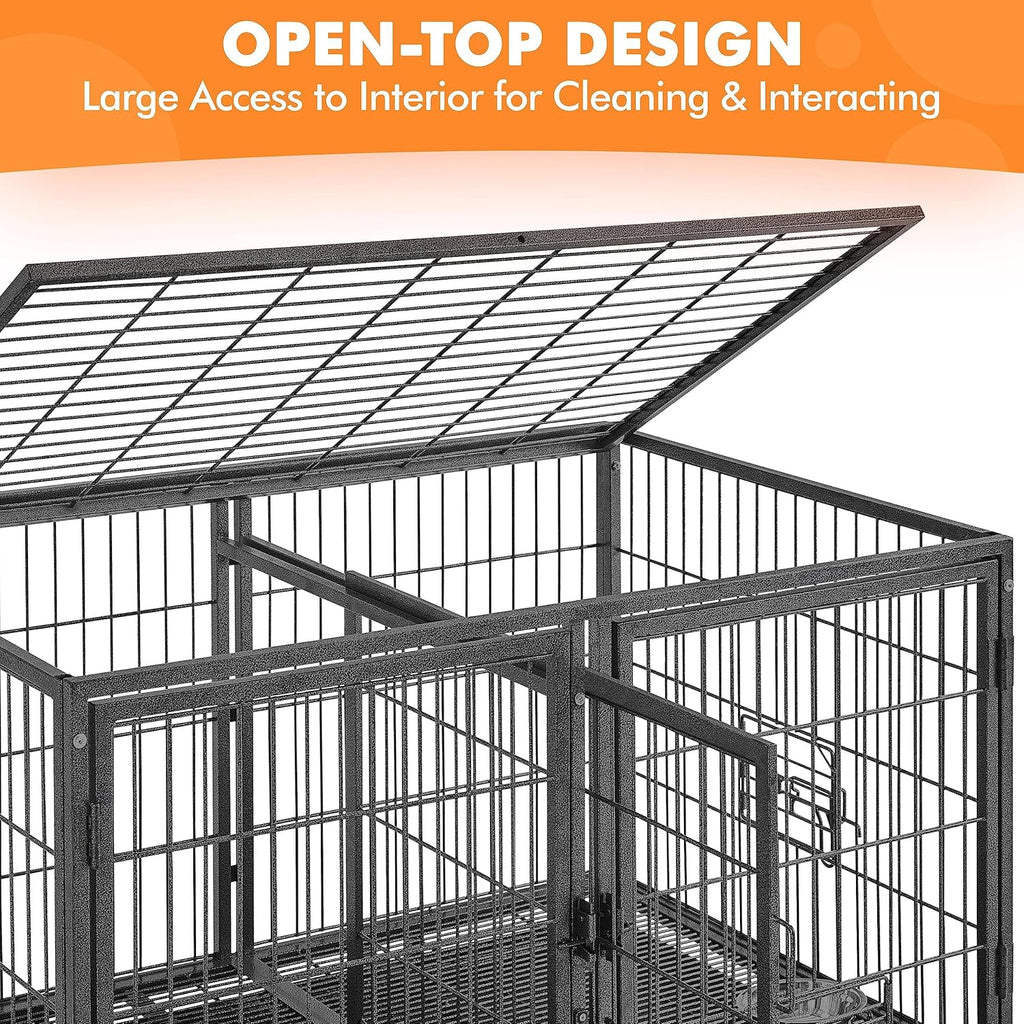Stackable Dog Crate with Divider 43'' Rolling Heavy Duty Dog Cage with Open Top 2 Removable Trays Q674