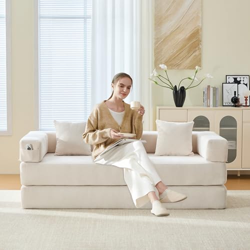 Beige Corduroy Convertible Sleeper Sofa Bed with Cylindrical Pillow R720