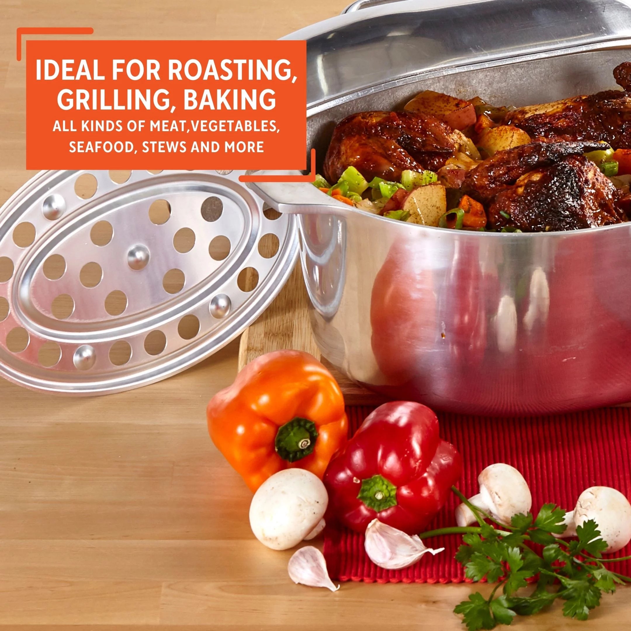 15 inch Cast Aluminum Roaster Pan with Lid and Roasting Tray U7991