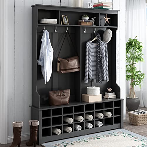 White Wood Hallway Organizer with 3 Shelves, 2 Drawers, Bench, Shoe Rack S78267