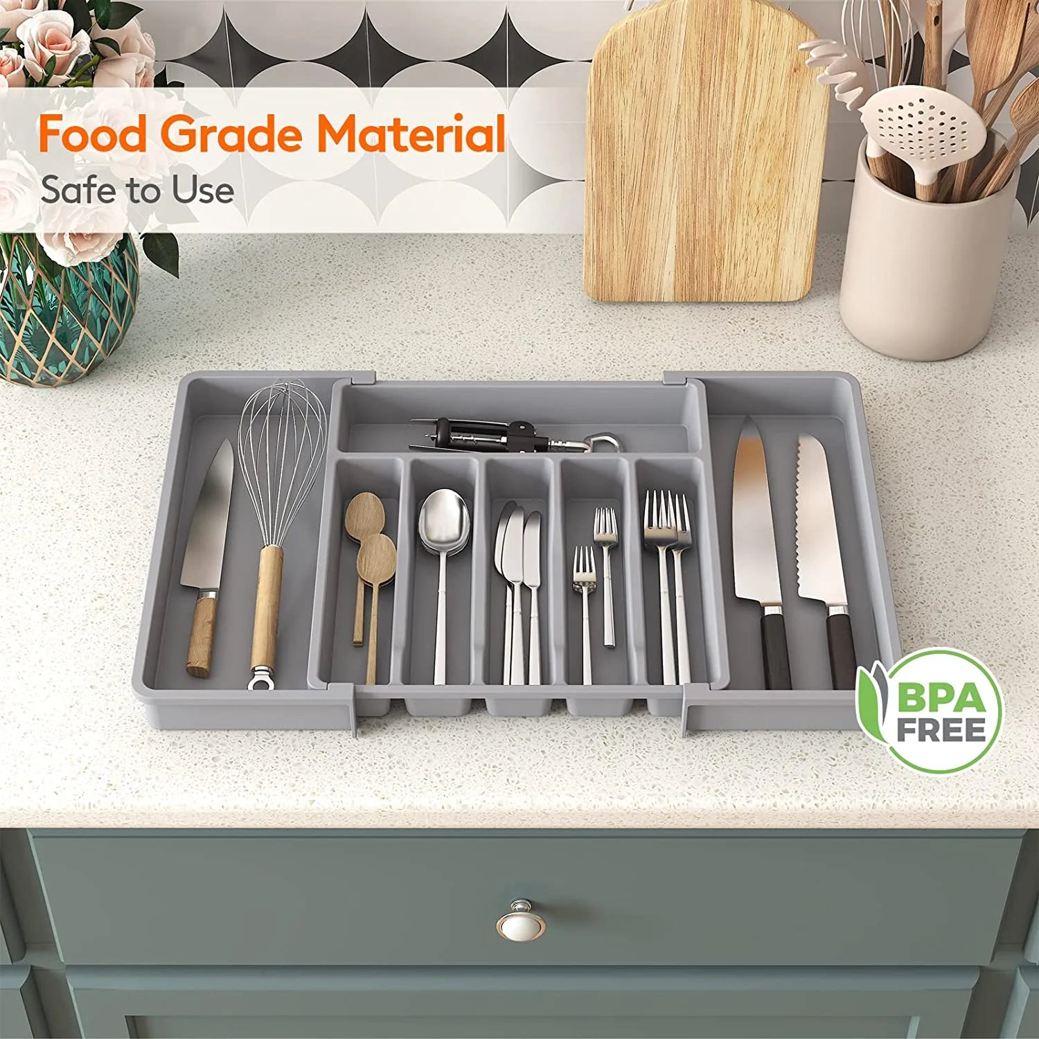 Grey Expandable Plastic Silverware Drawer Organizer H36058