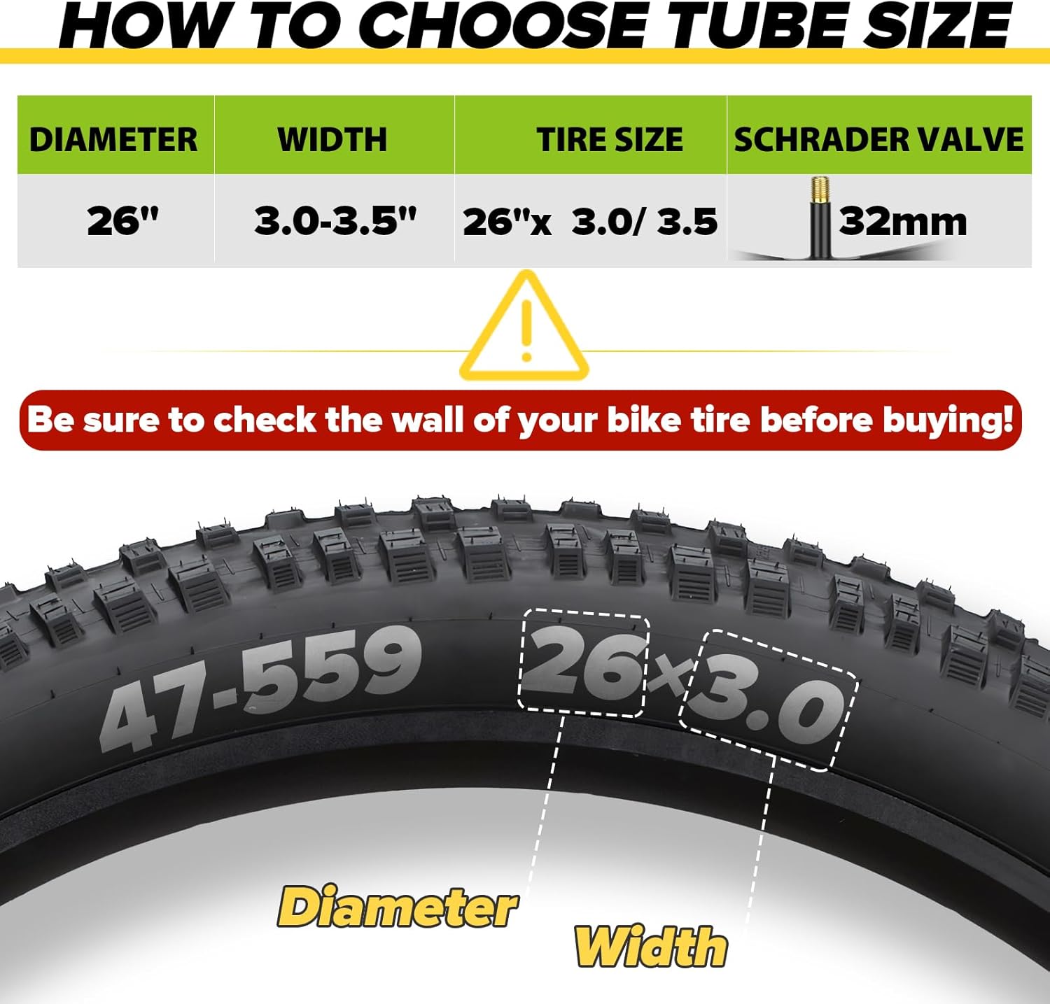 2 Pack 26x3.0-3.5, 2 Pack 26x3.5-4.5 Fat Bike Tube with AV 32mm Valve, Premium Butyl Rubber 26 x 3.5 Fat Tire Bike Tubes with 2 Tire Levers R563663