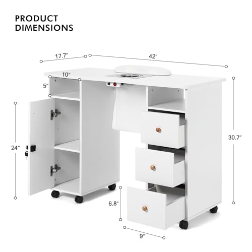 White Manicure Table with Storage Drawers and Lockable Wheels Q733512