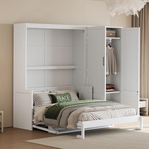 Queen Size Gray Murphy Bed Wall Bed with Desk and Closet Drawers and Shelves R71772