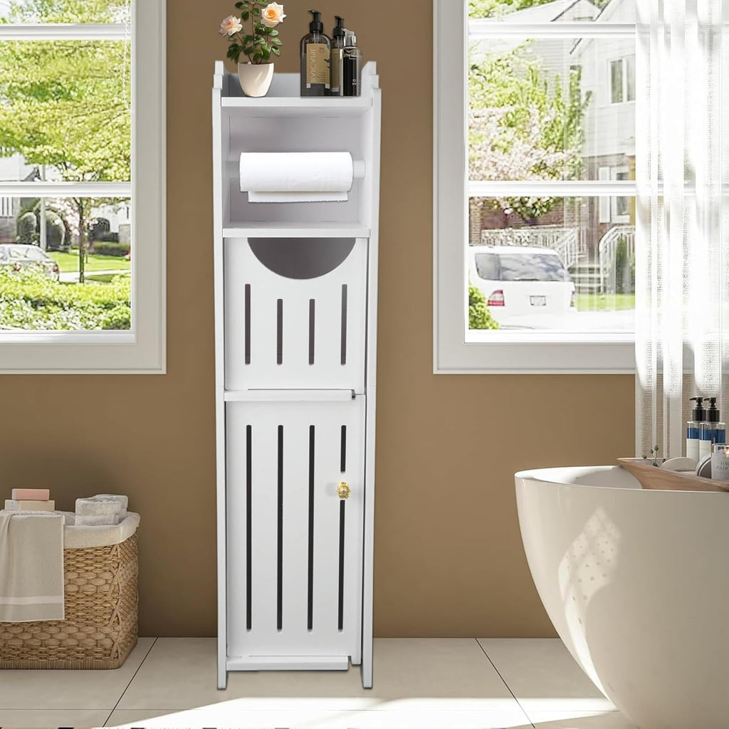 White Narrow Bathroom Storage Cabinet with Toilet Paper Holder I89783
