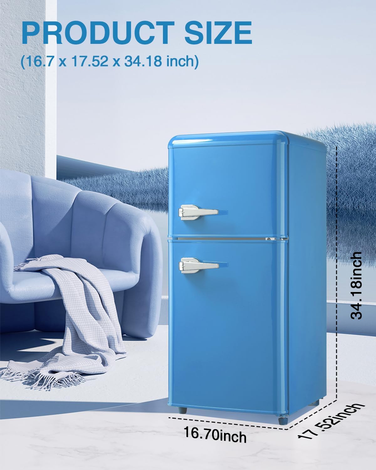 Compact Refrigerator Double Door Mini Fridge with Freezer, 3.5 Cu.ft, Blue Y168