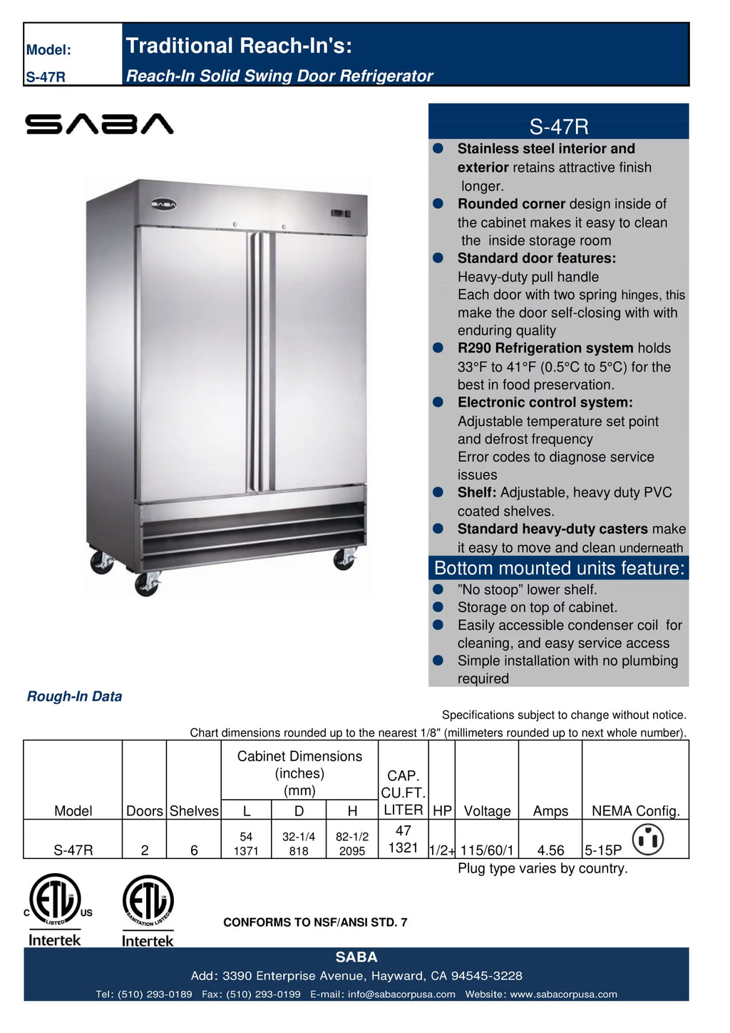 47 cu ft Solid Stainless Steel Reach-In Refrigerator (2 Door) X699056