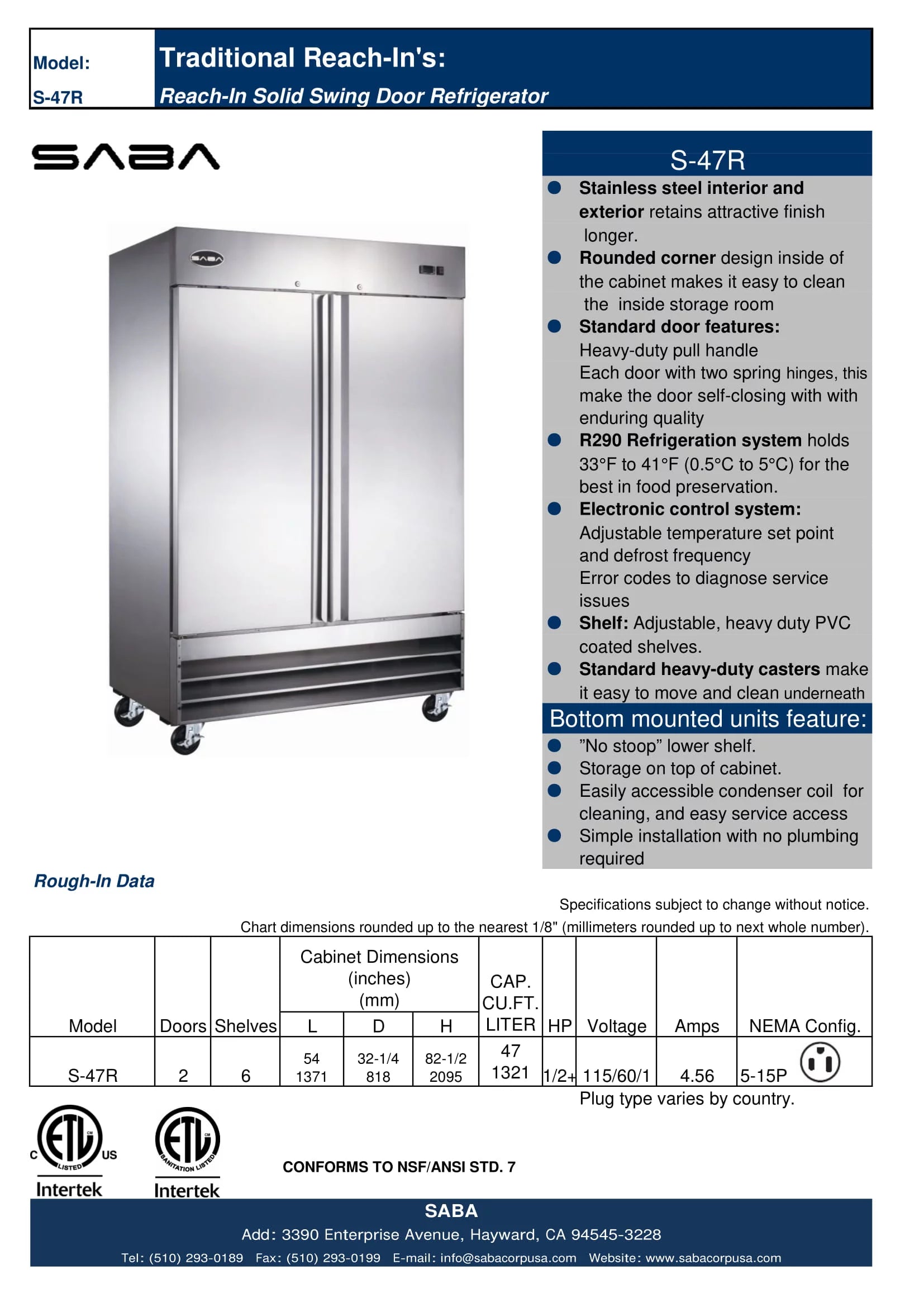 47 cu ft Solid Stainless Steel Reach-In Refrigerator (2 Door) X699056