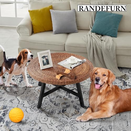 Natural Seagrass Round Coffee Table with Solid Wood Base, 32 x 17 Inches D150314