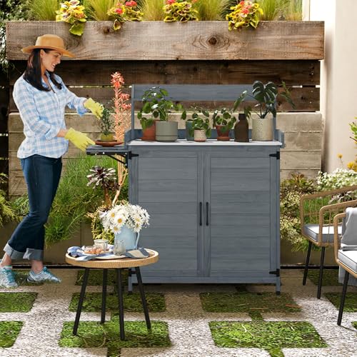 Solid Wood Potting Bench Table with Folding Pallet and Metal Tabletop, Grey J456210