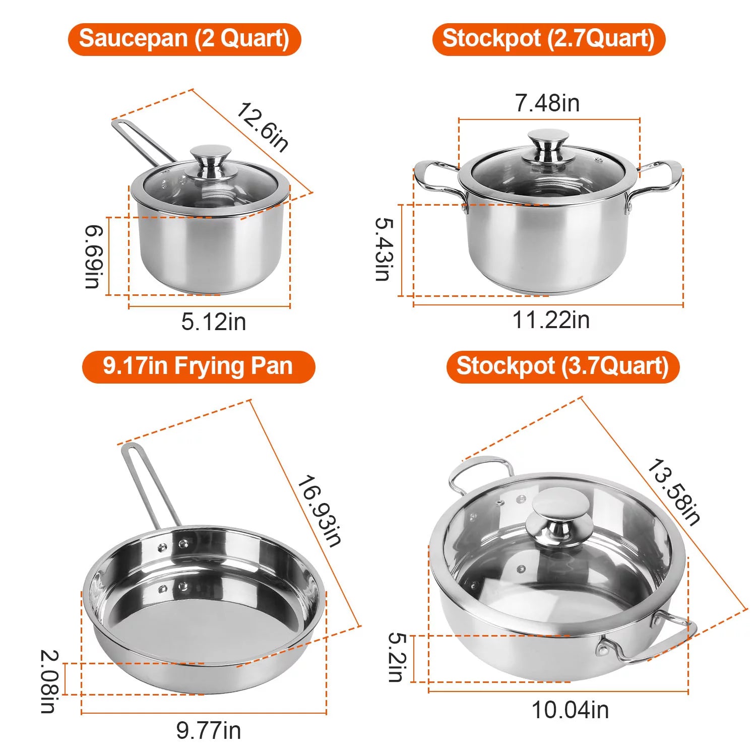 Stainless Steel Cookware Set with 2 Stockpot, 1 Saucepan, 1 Frying Pan H735