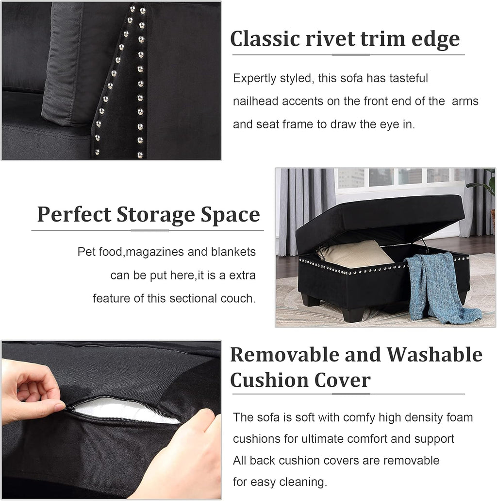 Reversible Sectional Sofa with Storage and Chaise Lounge Couch, Wooden Frame L-Shaped Corner Sofa Set with Ottoman, Black Z21357
