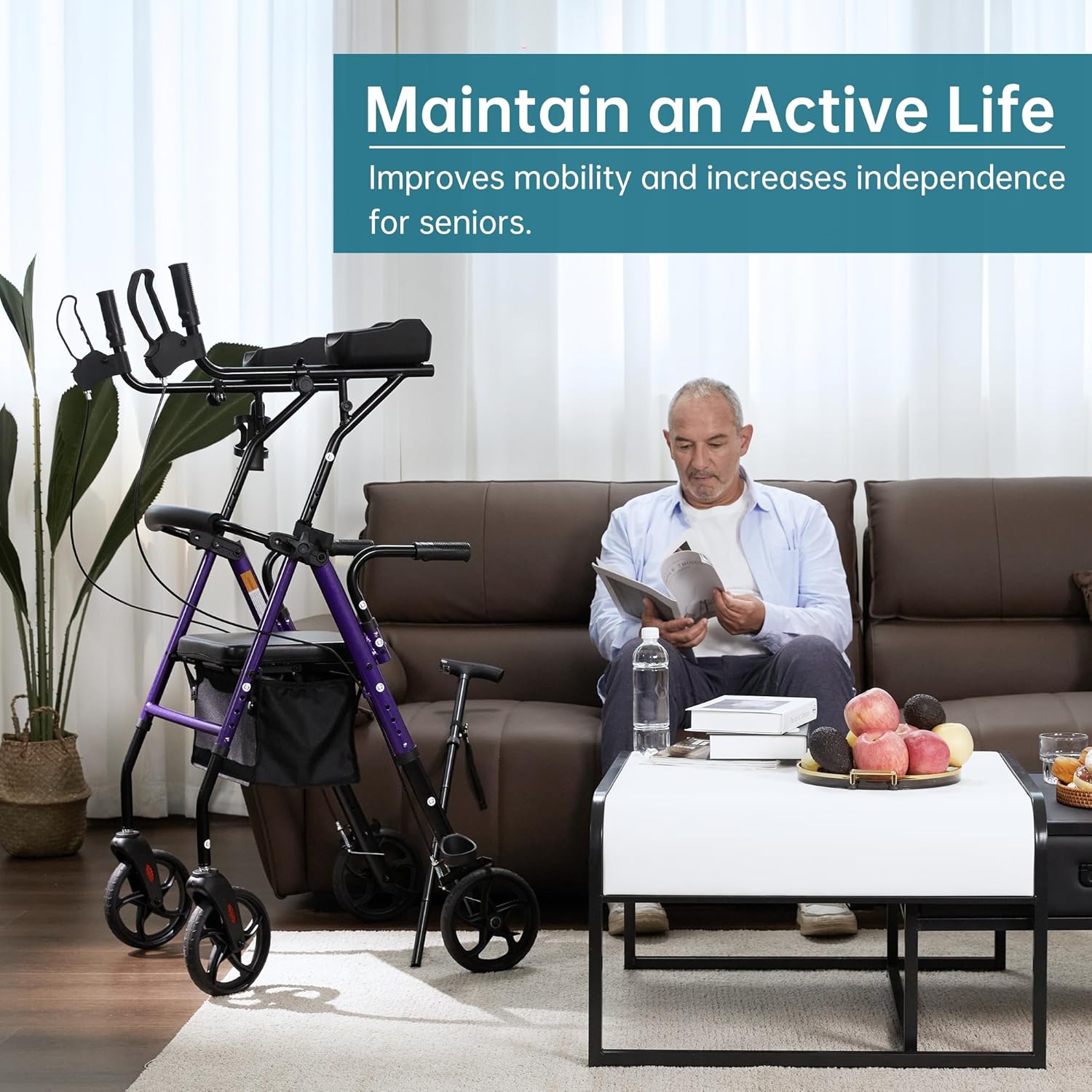 Purple Upright Rollator Walker with Padded Seat and Backrest Y5178