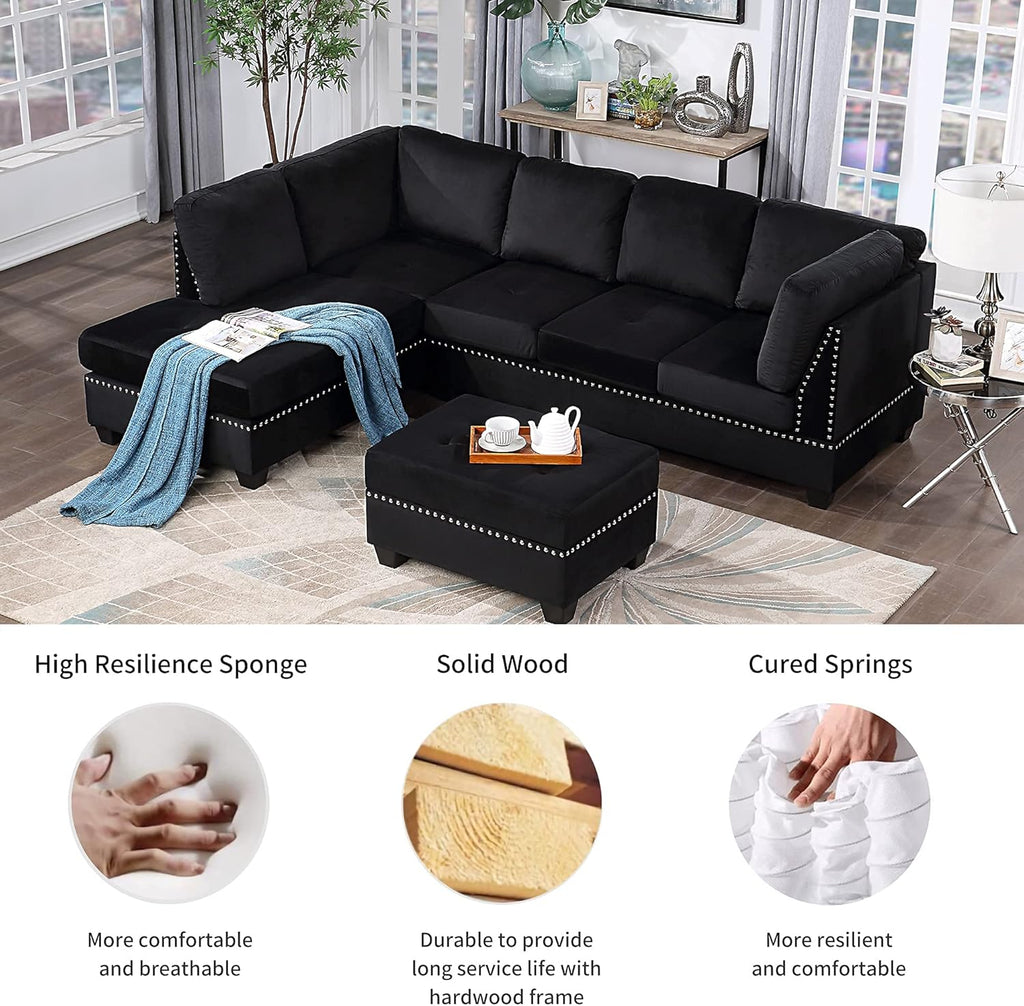 Reversible Sectional Sofa with Storage and Chaise Lounge Couch, Wooden Frame L-Shaped Corner Sofa Set with Ottoman, Black Z21357