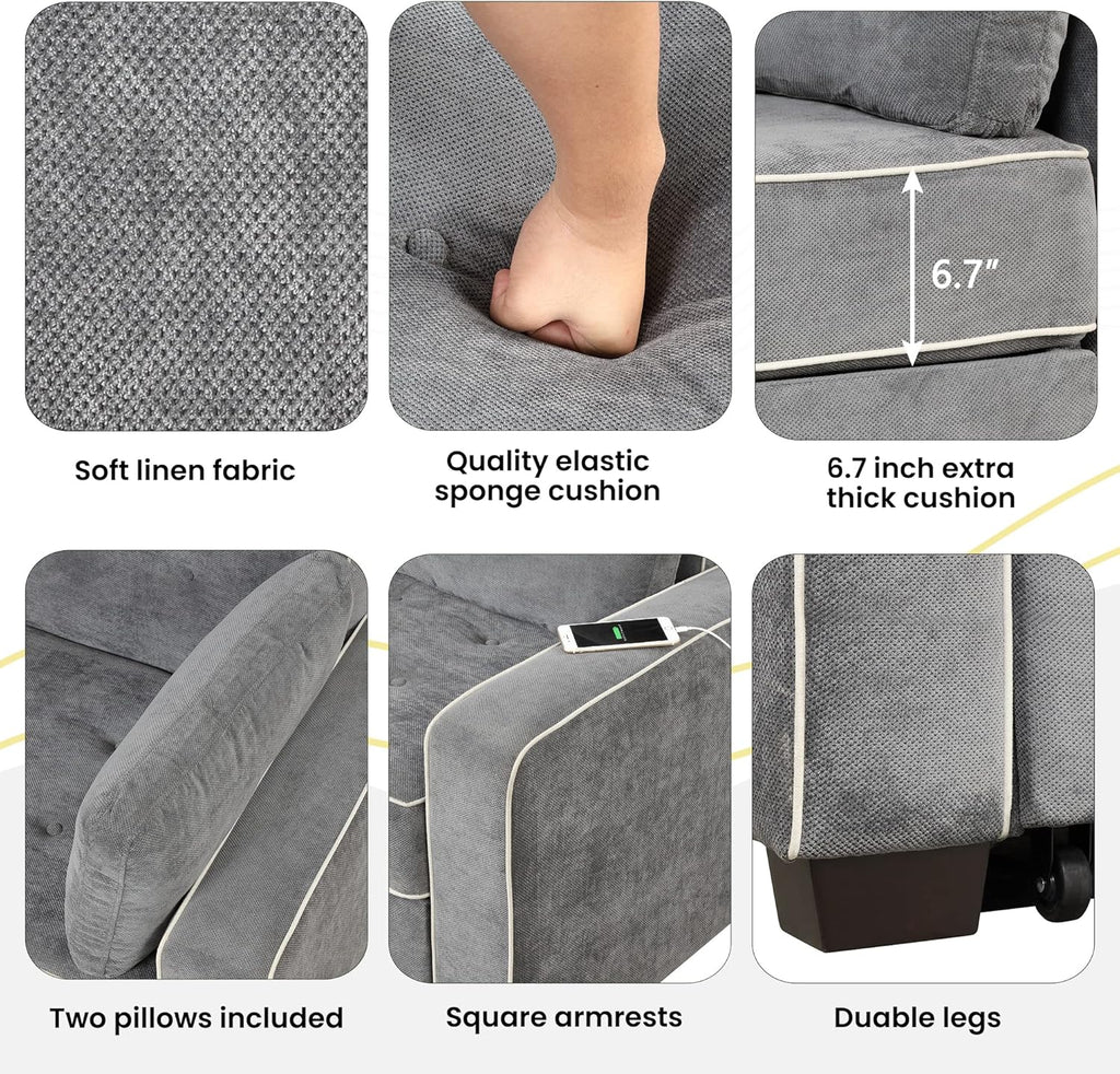 Linen Upholstered Convertible Sofa Bed with USB Charging Port J4263