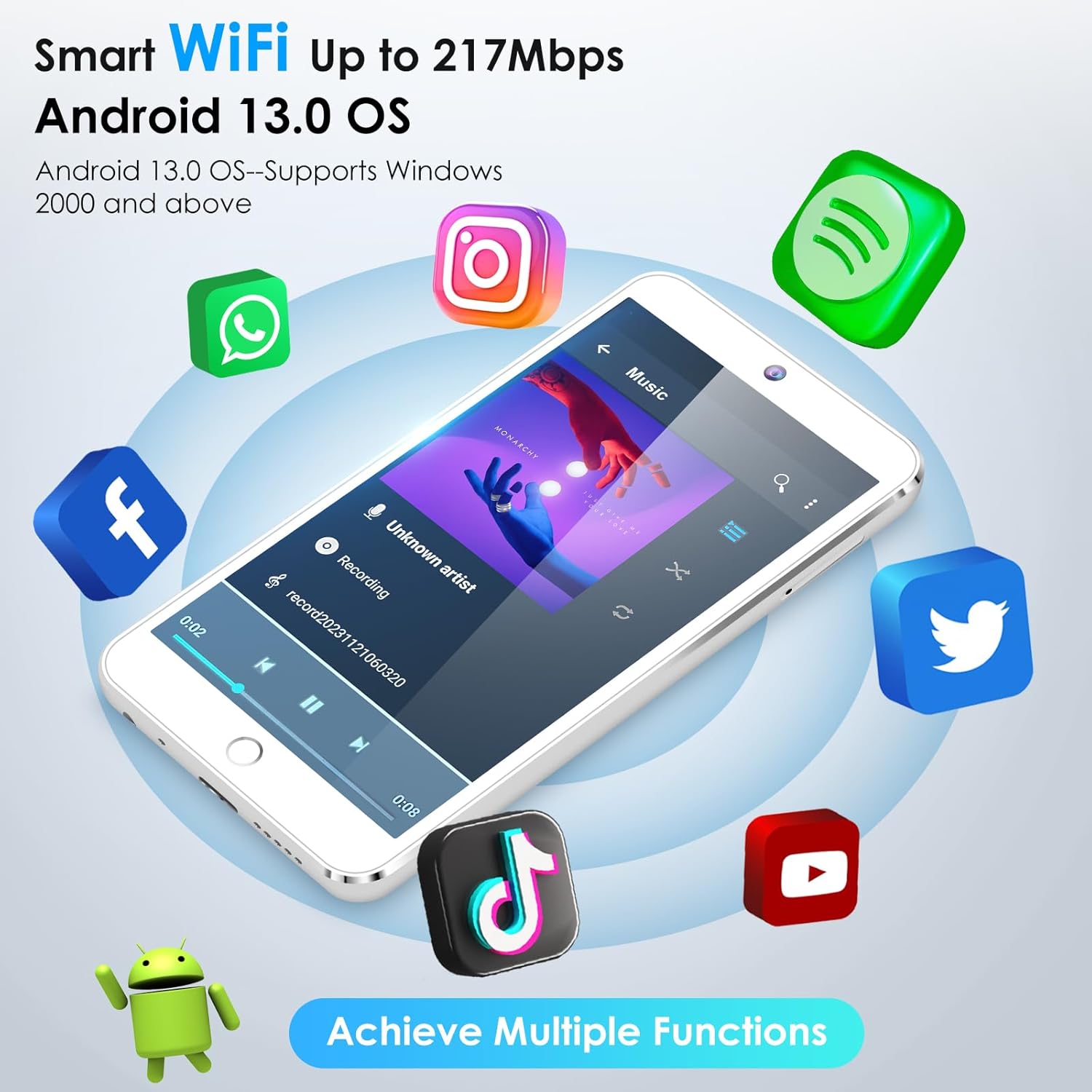 160GB MP3 Player with Bluetooth and WiFi, Android Digital Mp4 Player with Camera, 4.3" Touch Screen Portable Music Player with Speaker E318