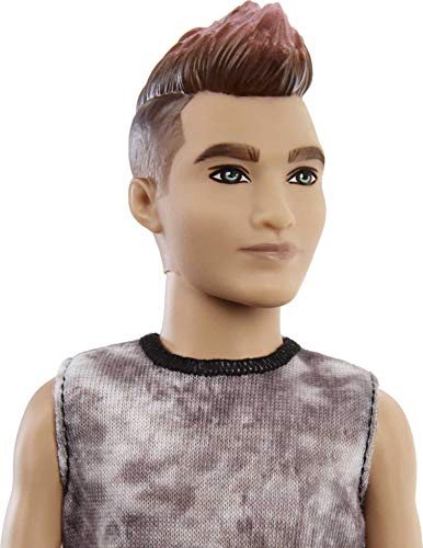 Barbie Ken Fashionistas Doll with Sculpted Brunette Ombre-Tipped Hair Wearing Sleeveless Tie-dye Shirt, Red Plaid Pants & Black Boots Z2146