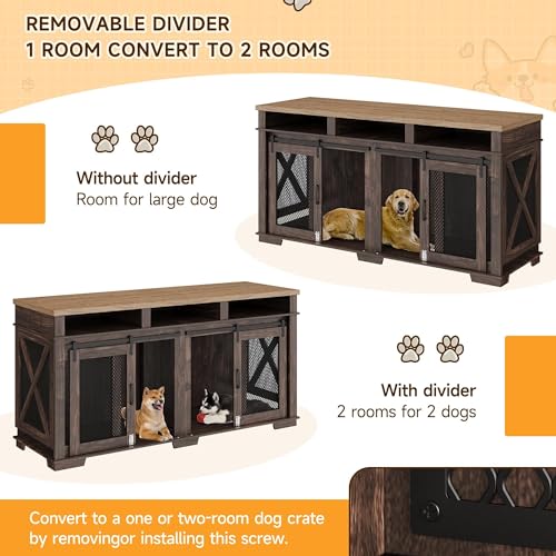 Brown Wooden Dog Crate with 3 Storages and Removable Divider E890