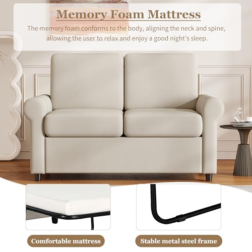 Beige Pull Out Sofa Bed with Twin Size Mattress Pad K701