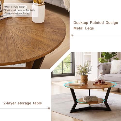 Round Wood Coffee Table with Storage Rack, 35 x 35 x 17 in M3140