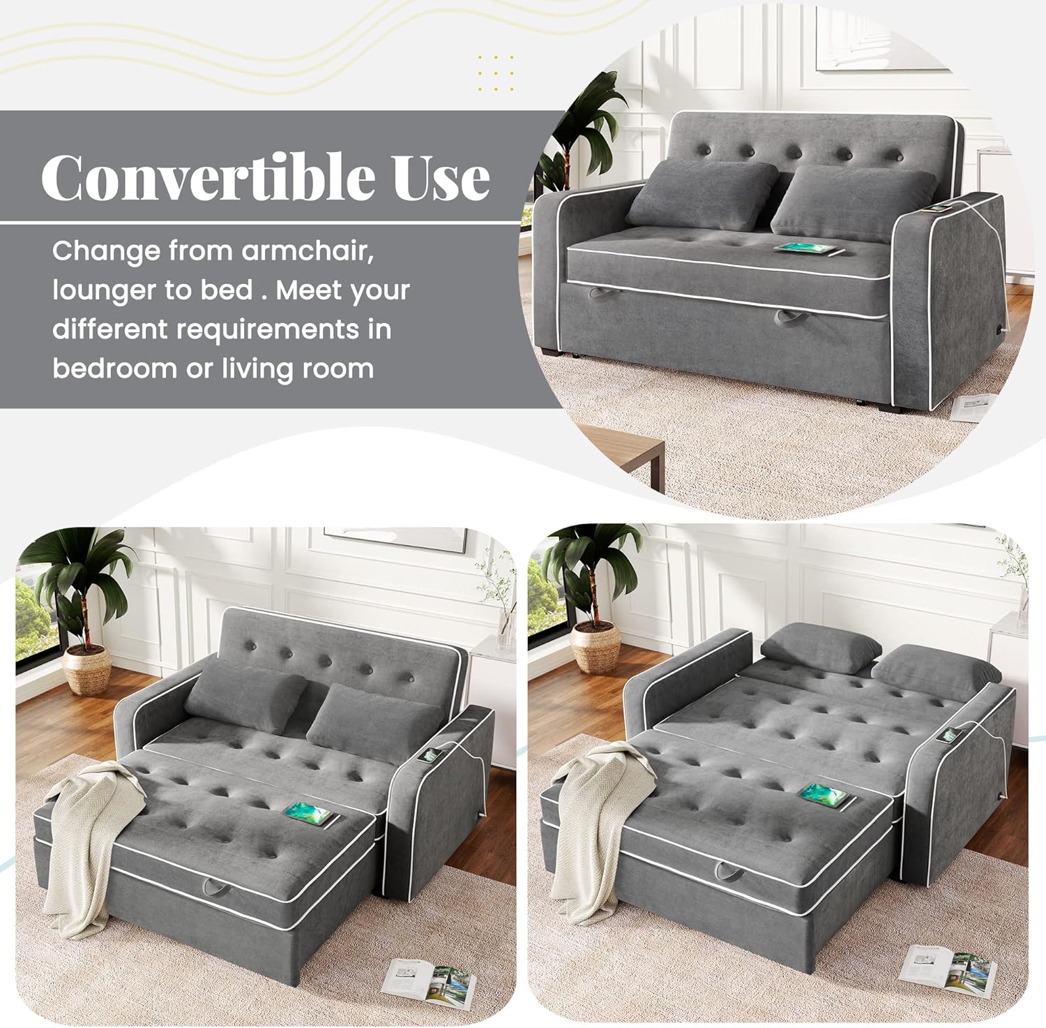 Linen Upholstered Convertible Sofa Bed with USB Charging Port J4263