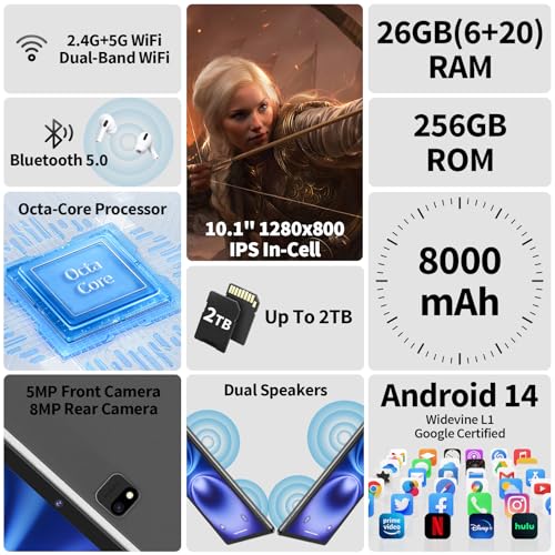 Android 14 Tablet 10 inch with Keyboard, 26GB RAM+256GB ROM, 8000mAh, Black O26598