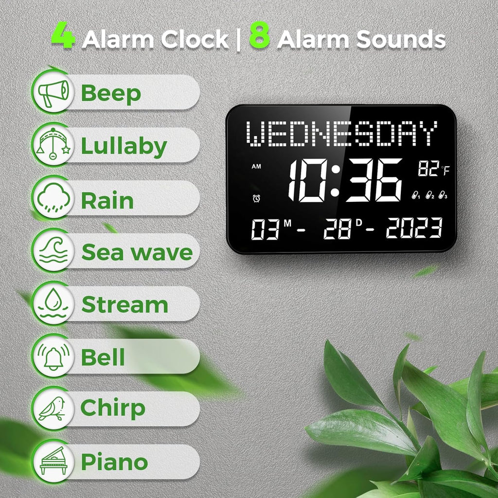 11.2" Large LED Digital Wall Clock with Remote Control, 4 Alarms, Adjustable Dimmer G411