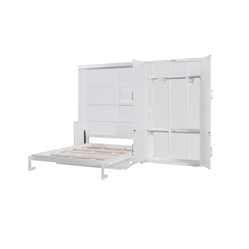 Queen Size Gray Murphy Bed Wall Bed with Desk and Closet Drawers and Shelves R71772
