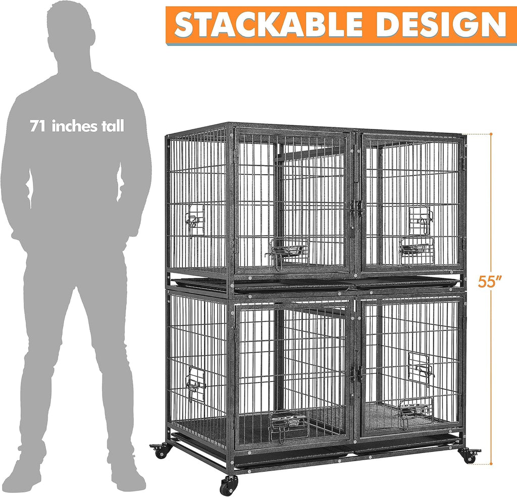 Stackable Dog Crate with Divider 43'' Rolling Heavy Duty Dog Cage with Open Top 2 Removable Trays Q674