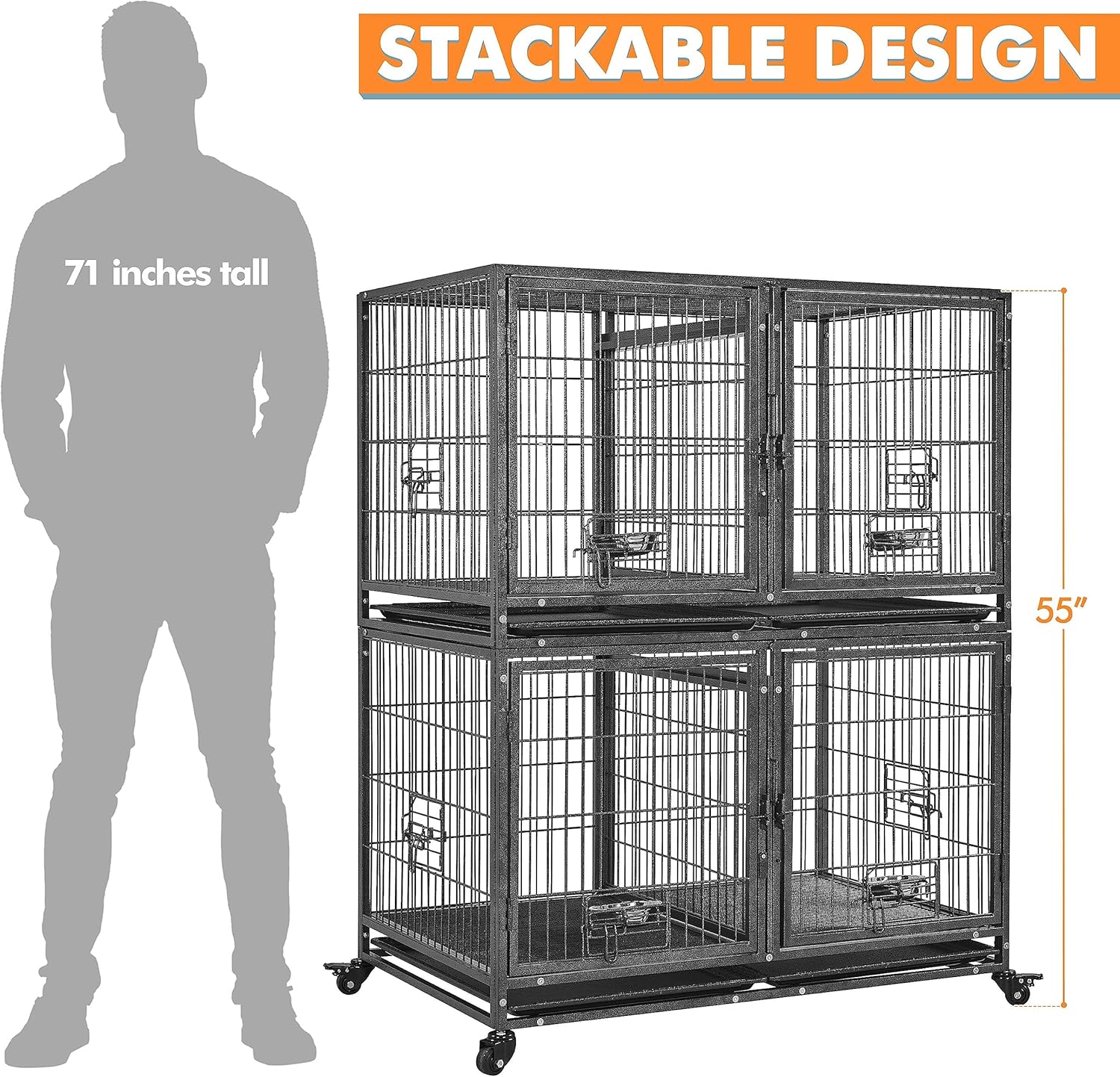 Stackable Dog Crate with Divider 43'' Rolling Heavy Duty Dog Cage with Open Top 2 Removable Trays Q674