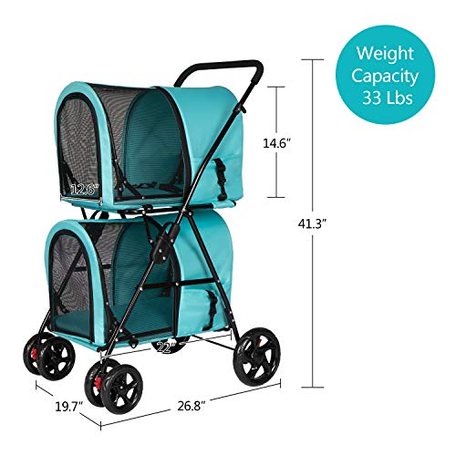 Grey Double Pet Stroller with 4 Wheels and 2 Detachable Carrier Cages C749